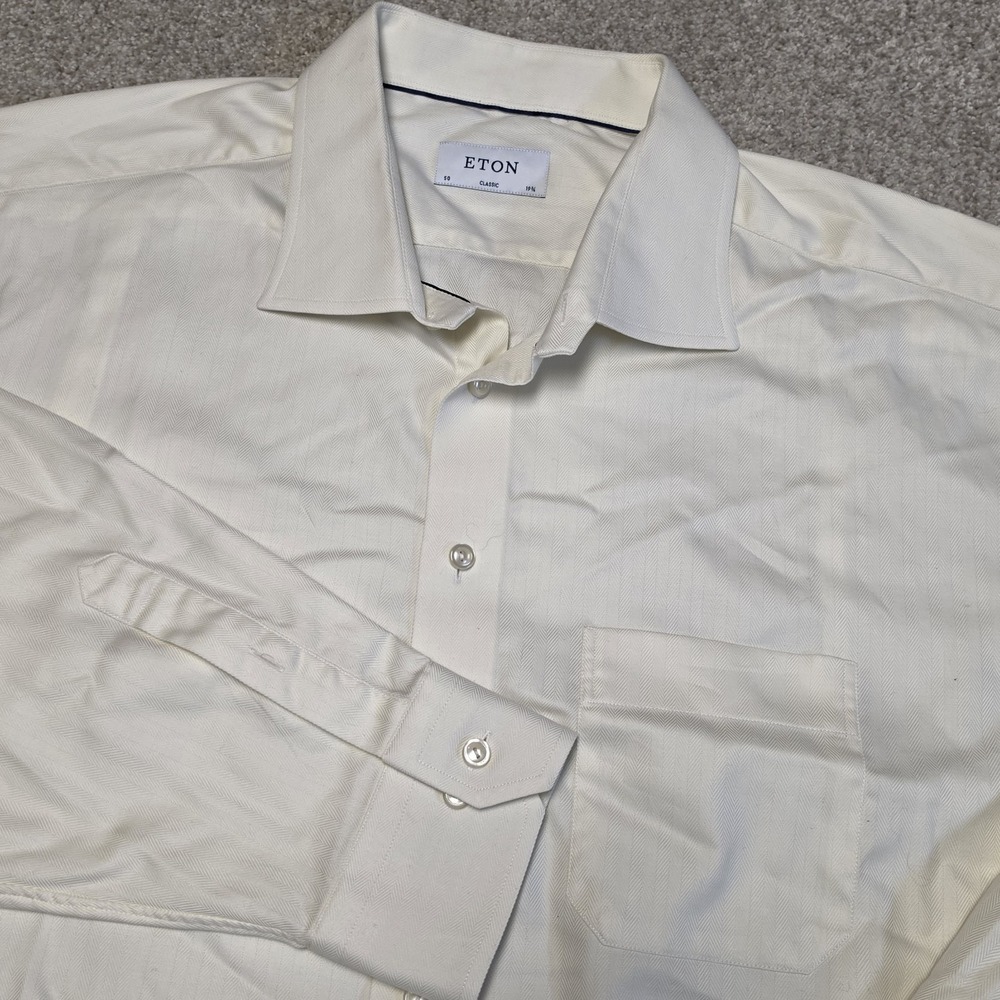 Eton Classic Fit Dress Shirt 50‎ 19 3/4 Cream Herringbone Stripe Button Cuff